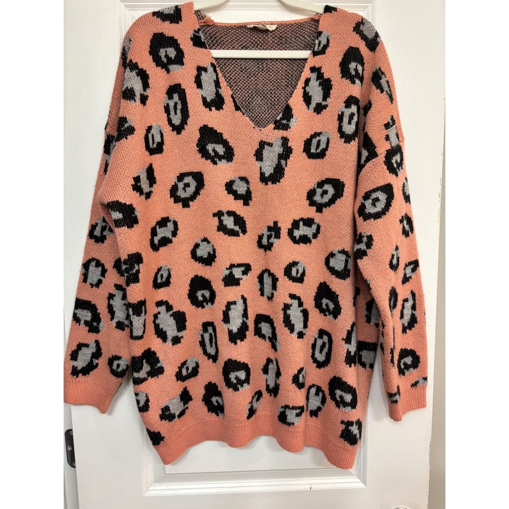 Reborn J Pink Leopard V-Neck Oversized Knit Sweater Womens 1XL Animal Print